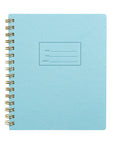 A pool blue notebook with a lined cover, featuring a name, date, and subject line space. It has a gold wire-o binding and is shown in a flat position.