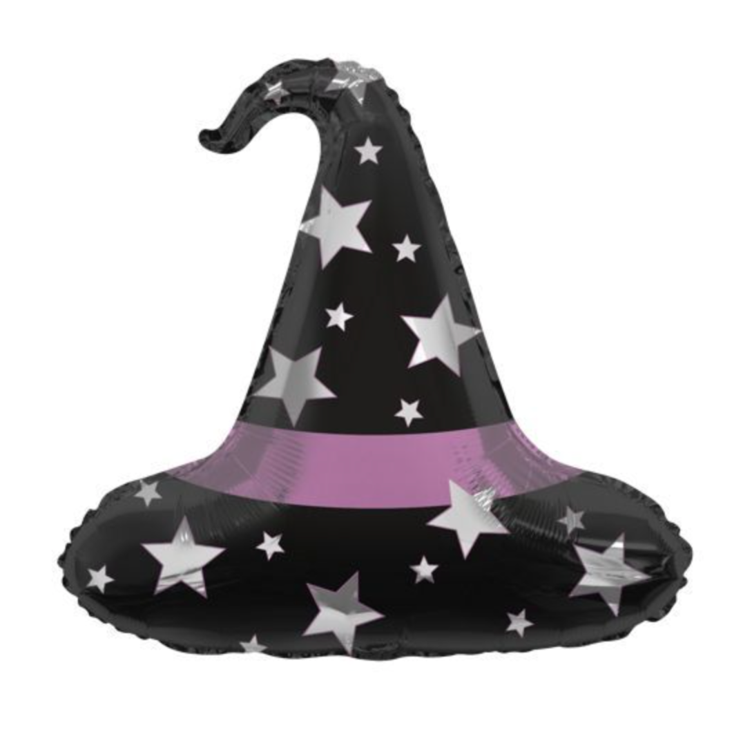 Black witch hat balloon with silver stars on a white background