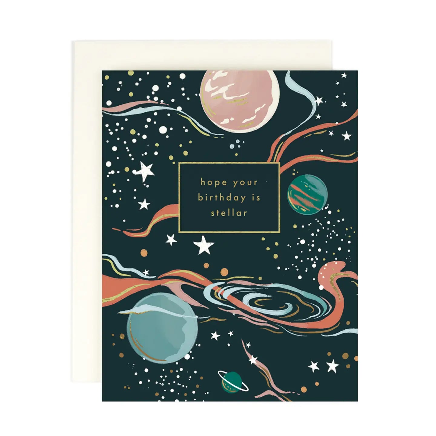A birthday card with a space-themed design, featuring planets and stars, and the text 'hope your birthday is stellar'.