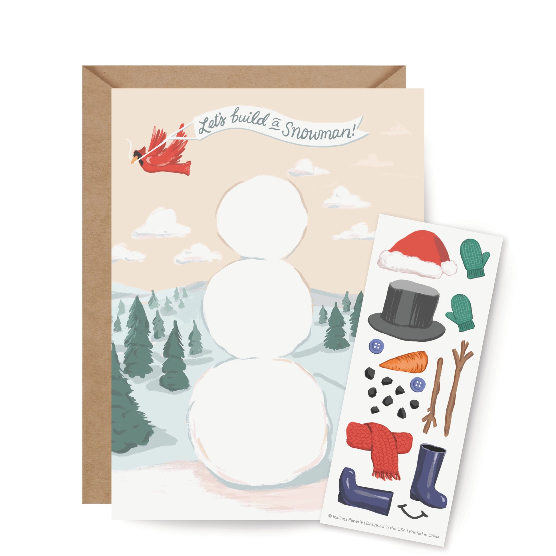 Card with snowman illustration and sticker sheet on a white background