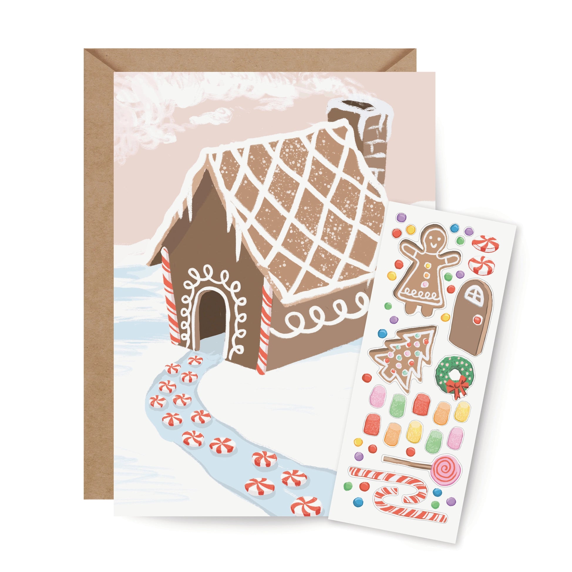 Greeting card with a gingerbread house design and a sheet of stickers featuring gingerbread-themed illustrations.