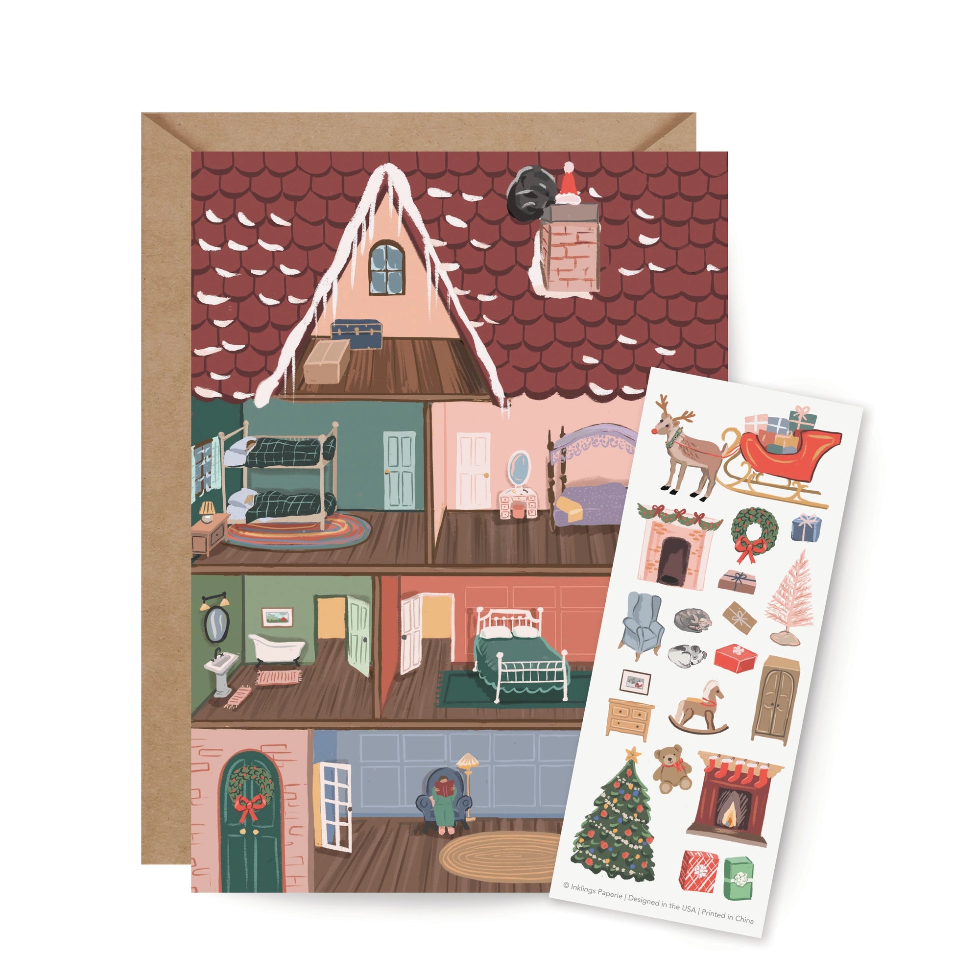 Illustrated dollhouse with a set of Christmas-themed stickers on a white background