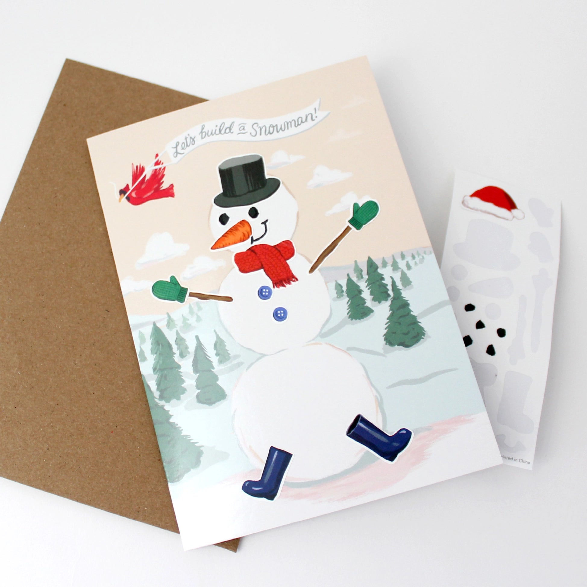 Greeting card with a snowman illustration on a white background