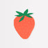 A paper napkin with a strawberry design, featuring a green leaf and red fruit with a green stem.