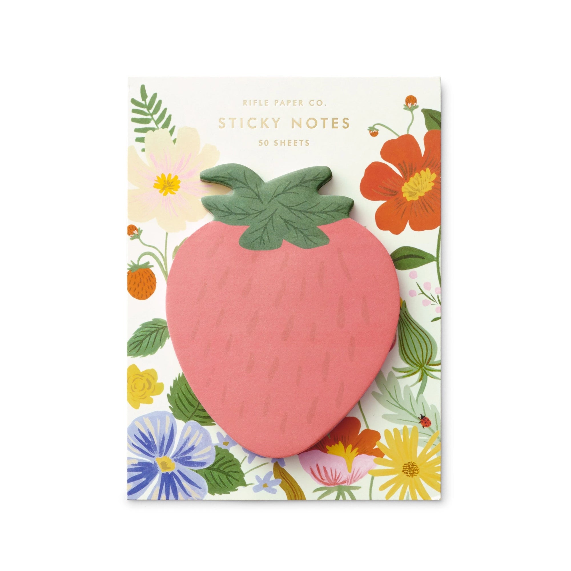 Pink strawberry sticky note cutout shape on a floral backing