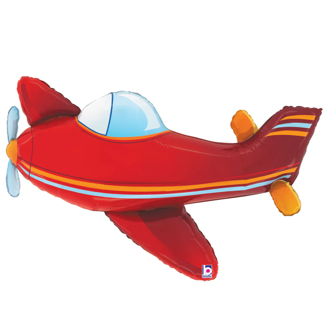 A red, yellow, and blue striped airplane-shaped balloon.