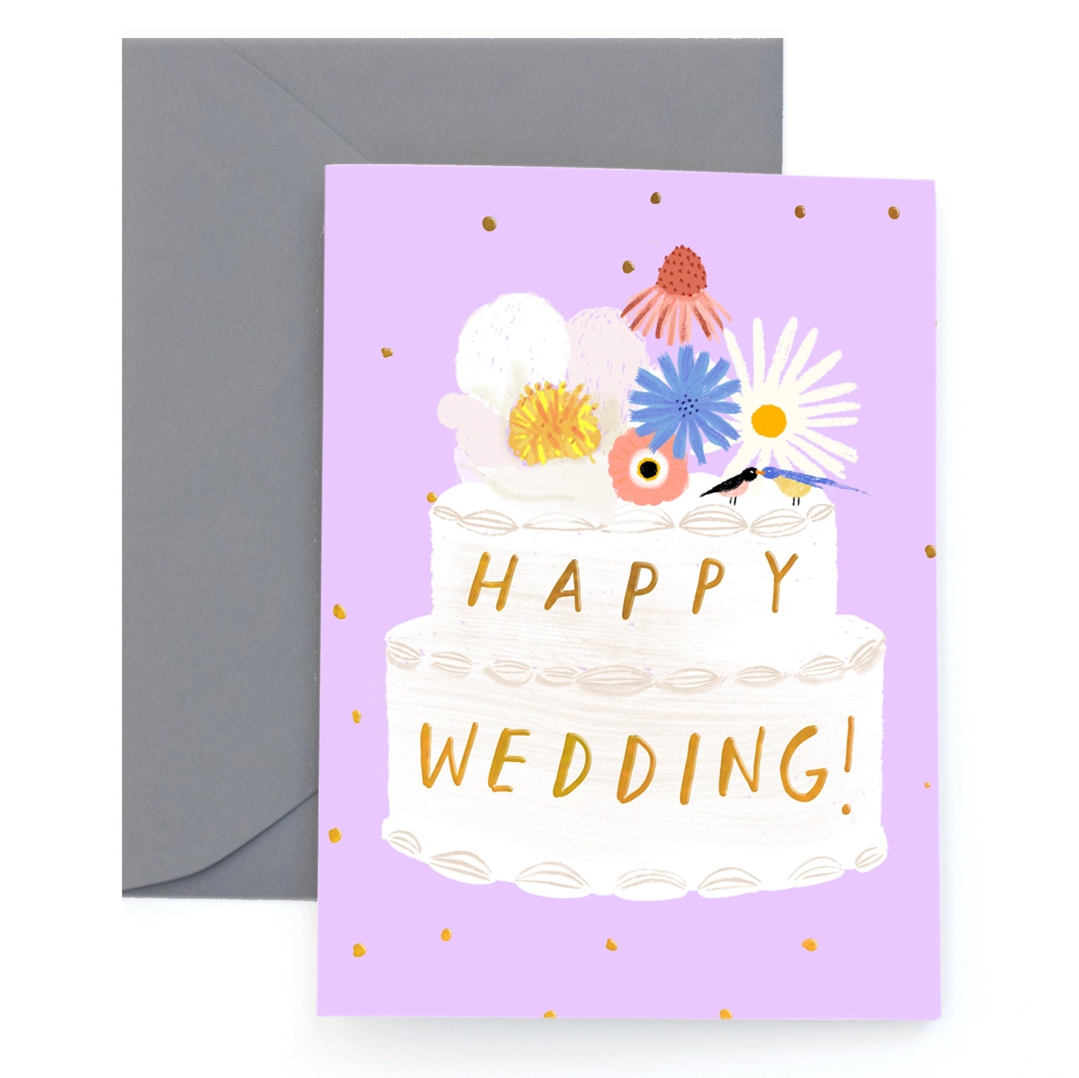 A wedding card with a cake illustration and 'HAPPY WEDDING!' text, accompanied by a gray envelope, both displayed against a white background.