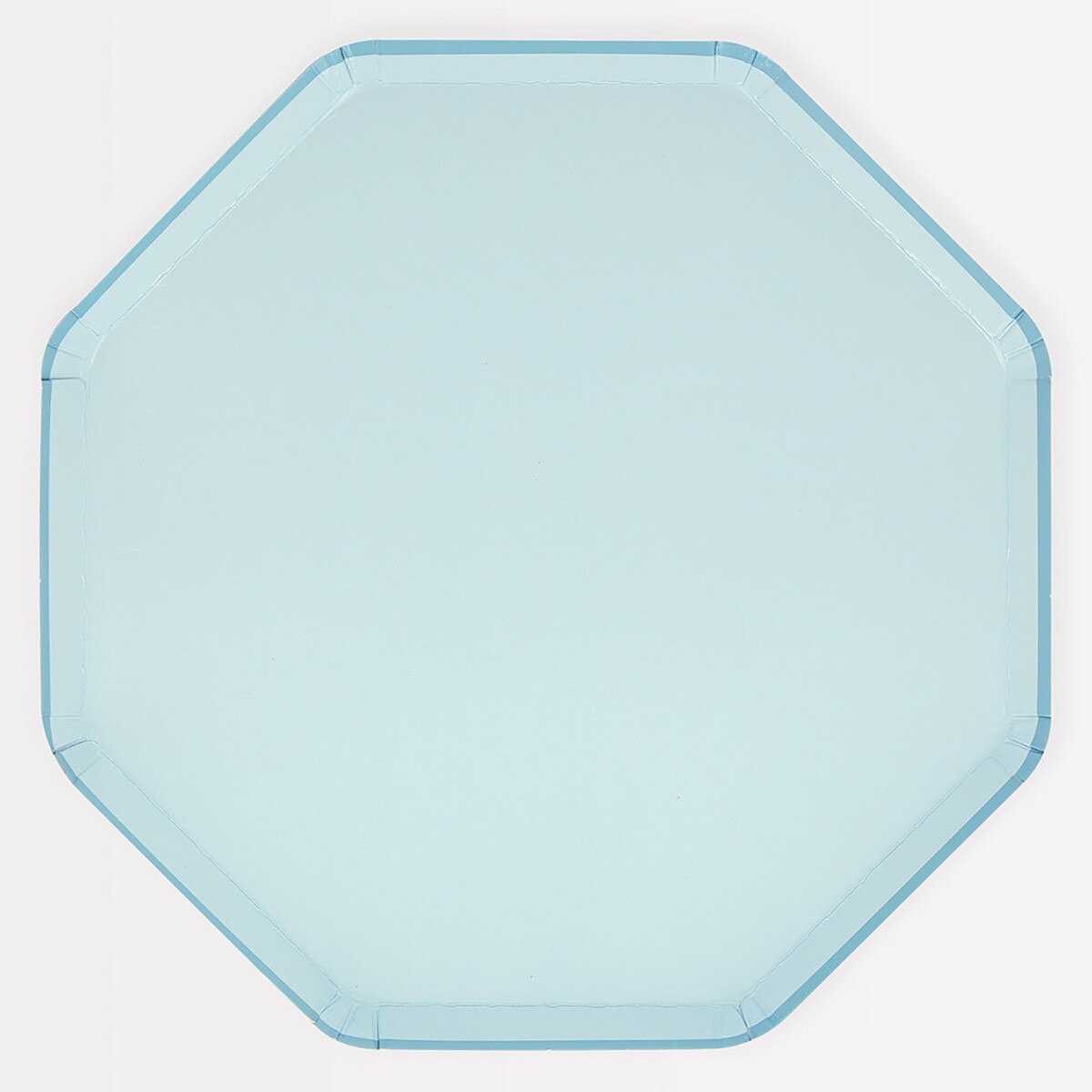 An octagonal light blue paper plate with a contrast darker shade border, photographed flat against a clean white background.
