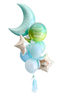 Decorative balloon set with a moon shape, stars, and balloons with text on a white background