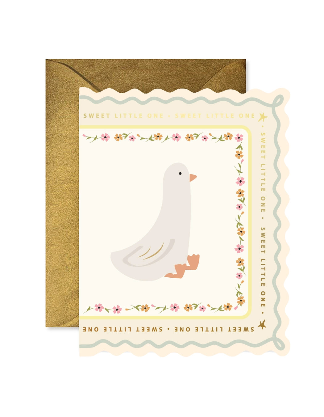 Greeting card with a goose illustration and decorative border on a white background