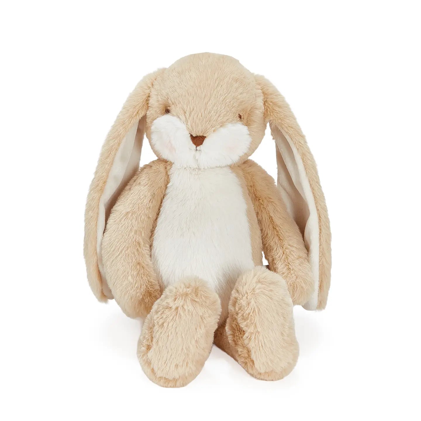 Plush bunny toy with beige and white fur on a white background
