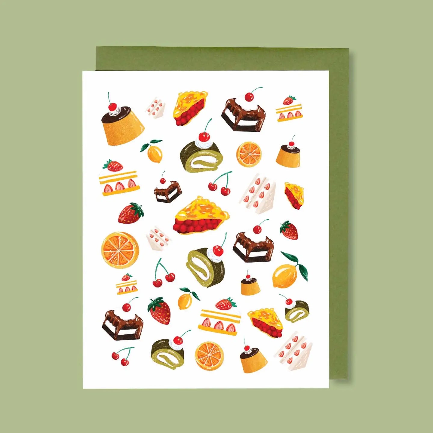 Greeting card with illustrations of various desserts on a white background