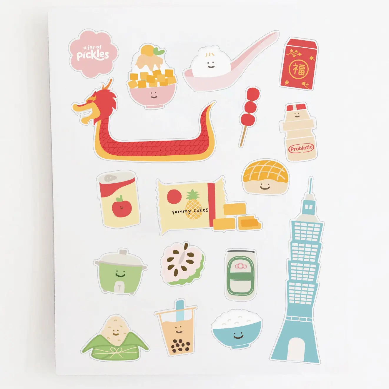 A sheet of cute, cartoon-style stickers featuring various Asian-inspired foods, drinks, and landmarks, including a dragon boat, dumplings, a bowl of rice, a cup of bubble tea, and Taipei 101, on a white background.