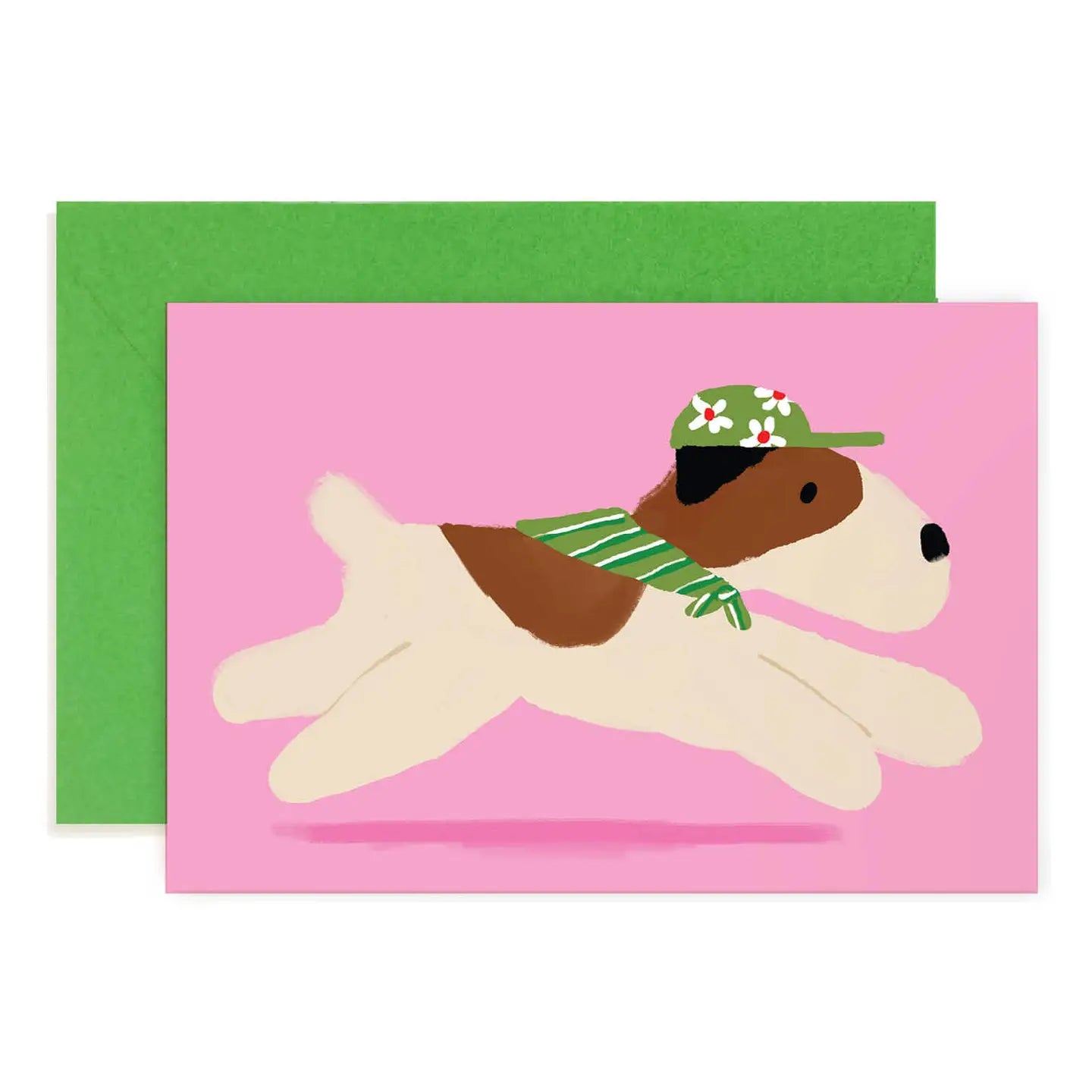 Note card with a terrier dog illustration on a pink background, featuring a green hat and scarf.