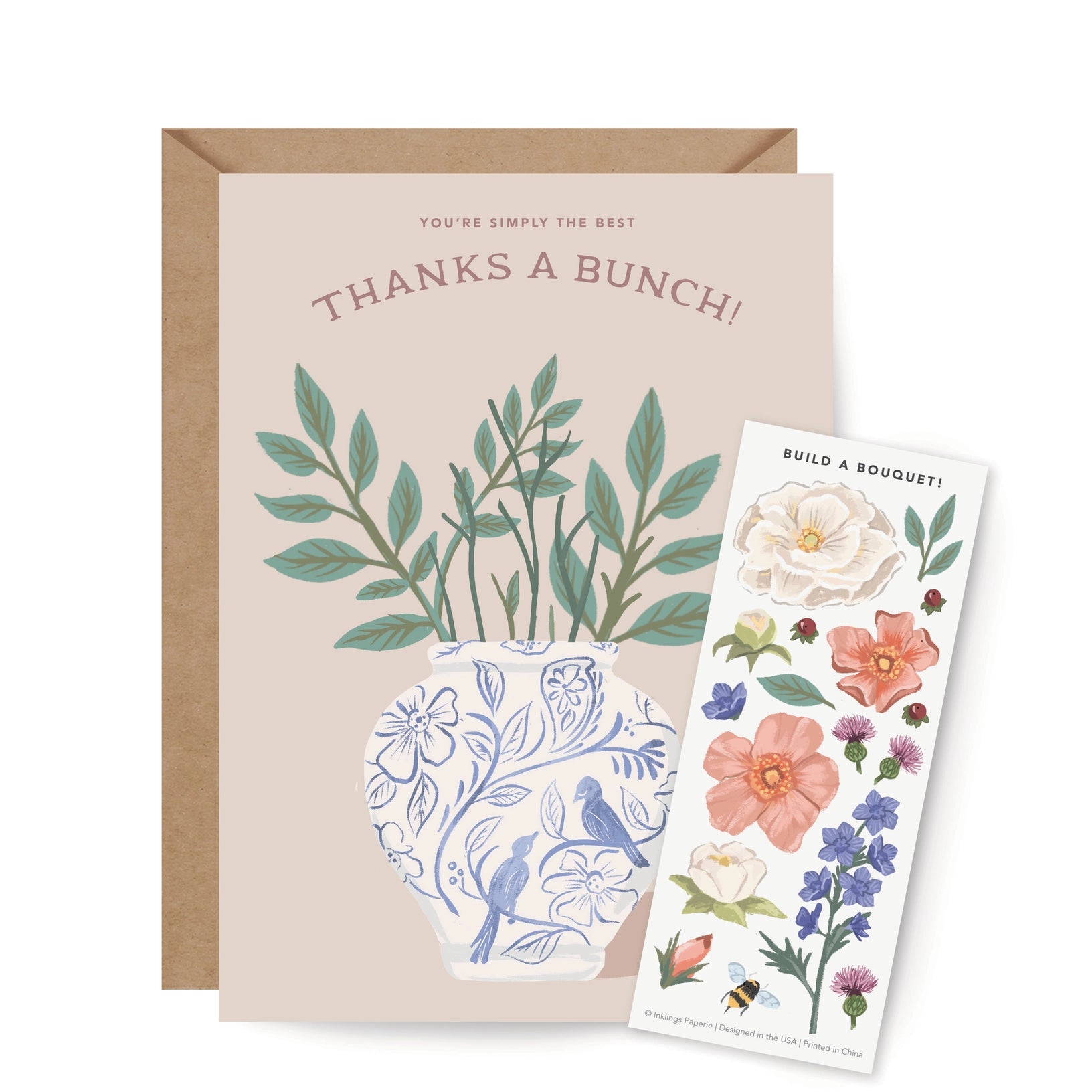 Greeting card with floral design and a set of floral stickers on a white background