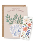 Greeting card with floral design and a set of floral stickers on a white background