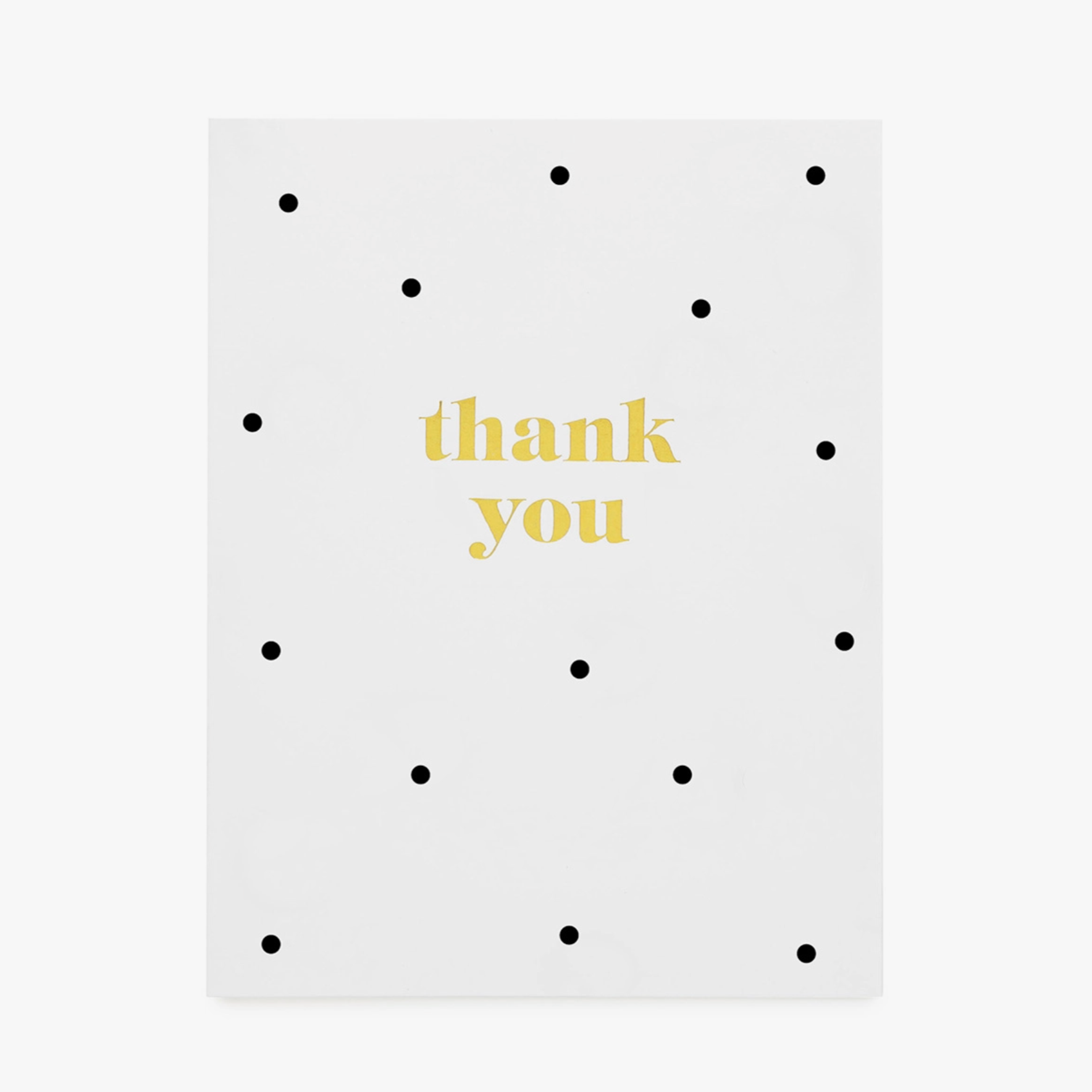 thank you greeting card with gold foil text "thank you" and black dots