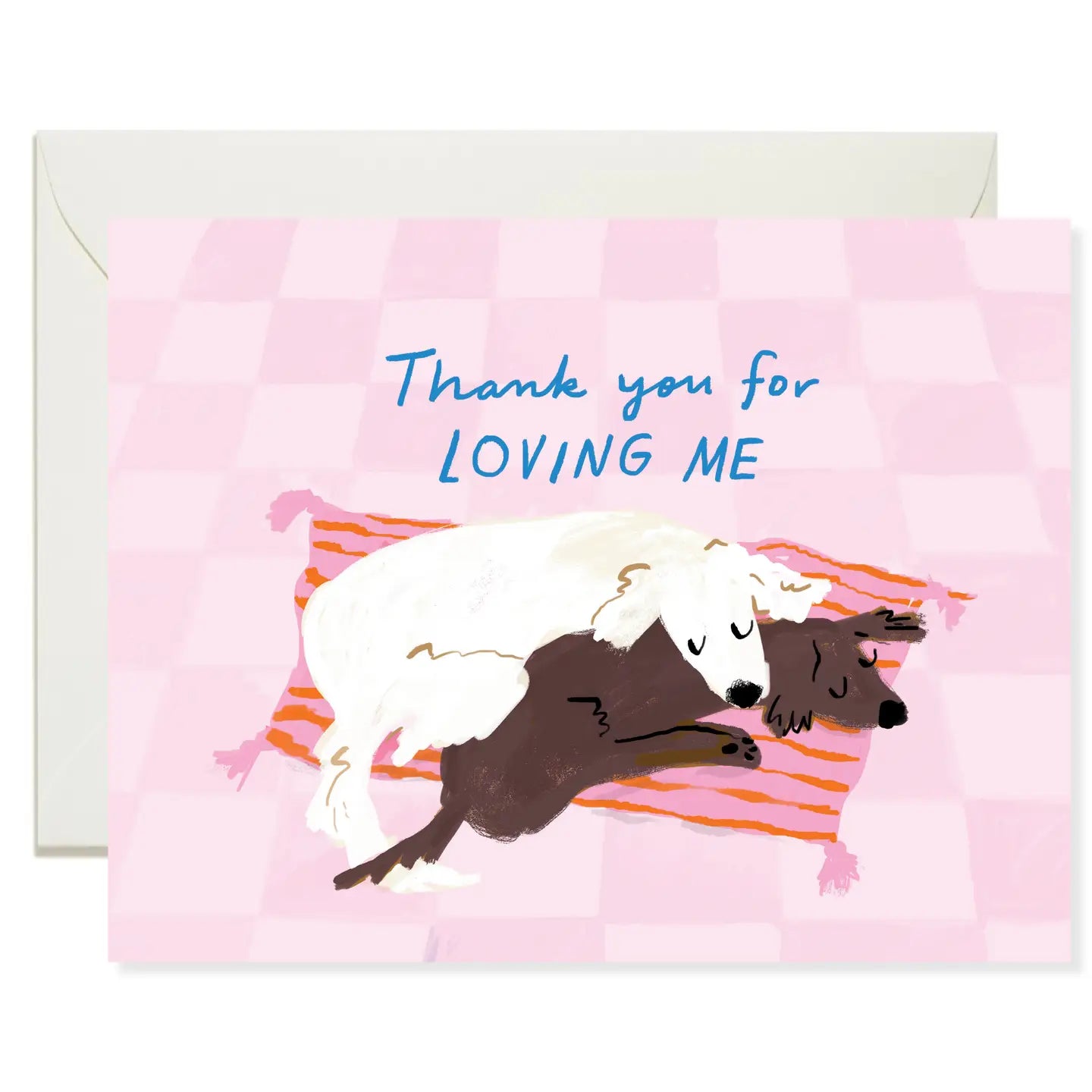 A greeting card with a checkered pattern, featuring an illustration of two dogs lying down, and the text 'Thank You for LOVING ME'.