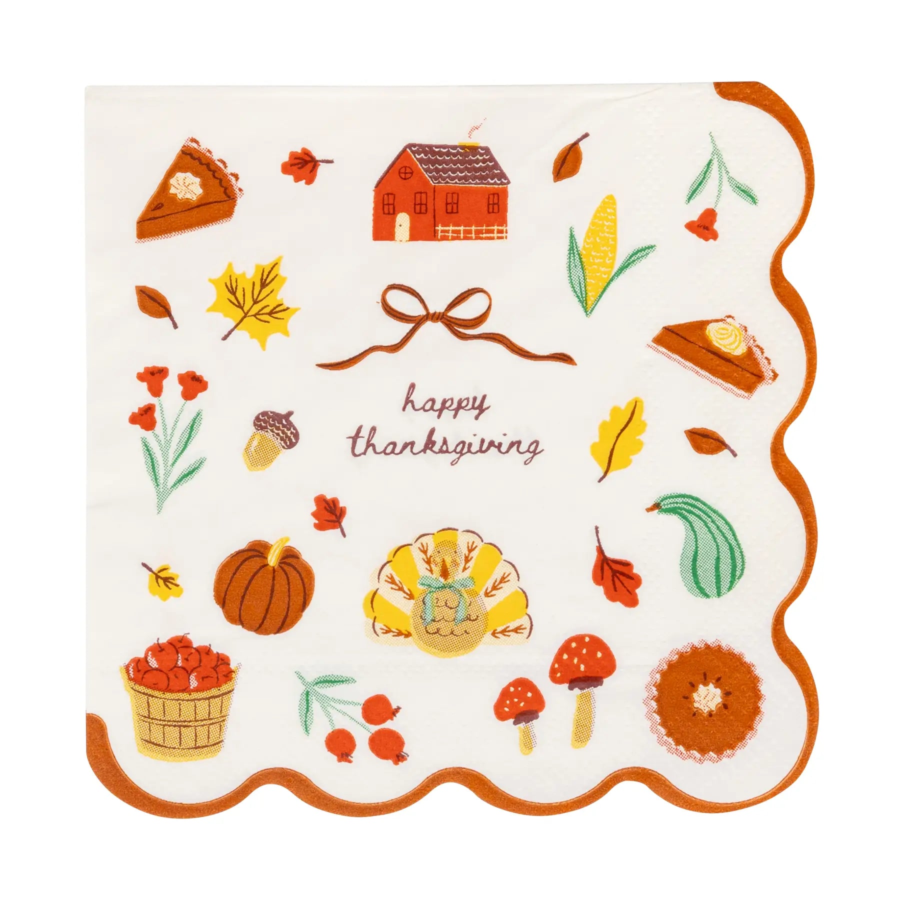 A square white paper napkin with scalloped edges, featuring a colorful Thanksgiving-themed illustration. The design includes a small house, slices of pie, acorns, pumpkins, a corn cob, mushrooms, a basket of candy, leaves, and the words 'happy thanksgiving' in the center.
