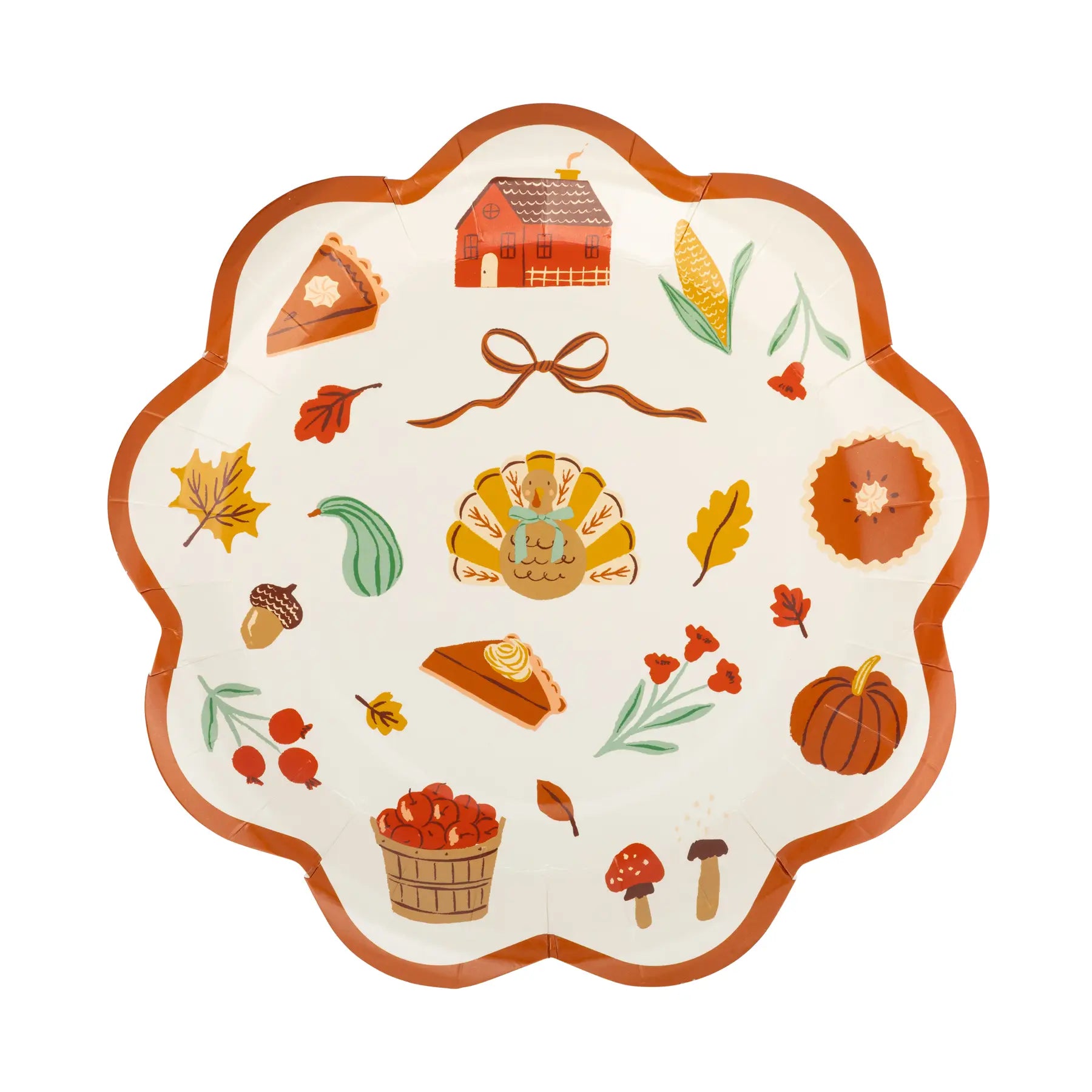 A scalloped paper plate featuring an autumn Thanksgiving theme with illustrations of a turkey, pumpkins, corn, acorns, leaves, berries, and a barn on an off-white background.