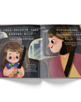 Open page of the book with a image of a young girl in a car with her mother.