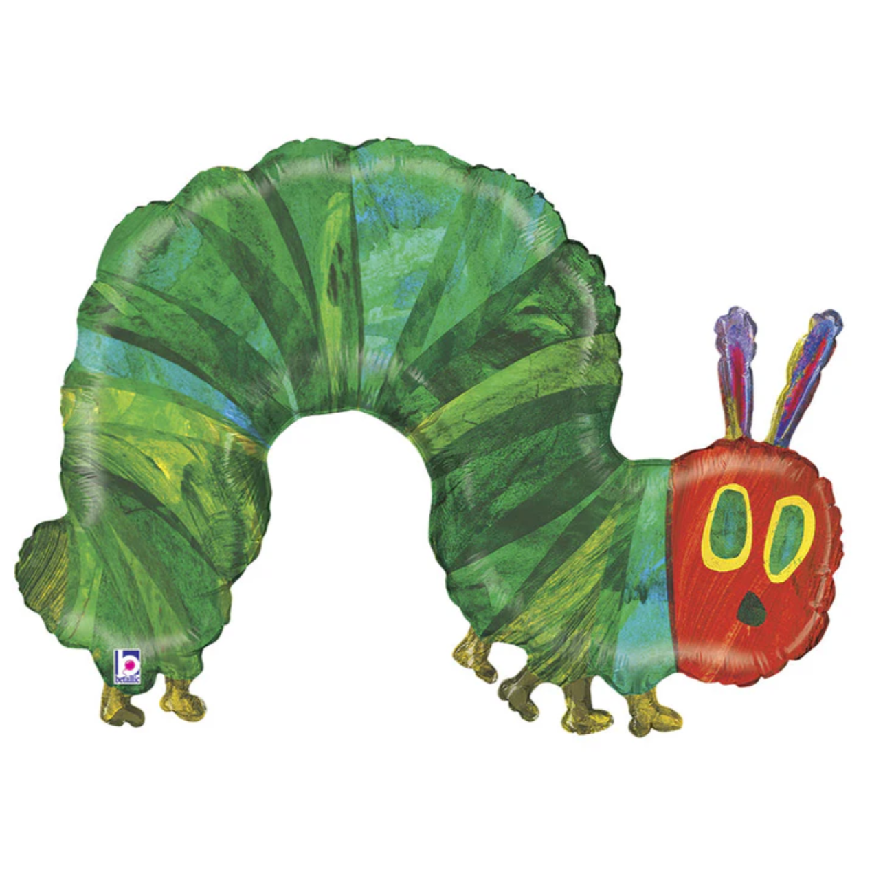 A large mylar balloon designed to look like a colorful caterpillar.