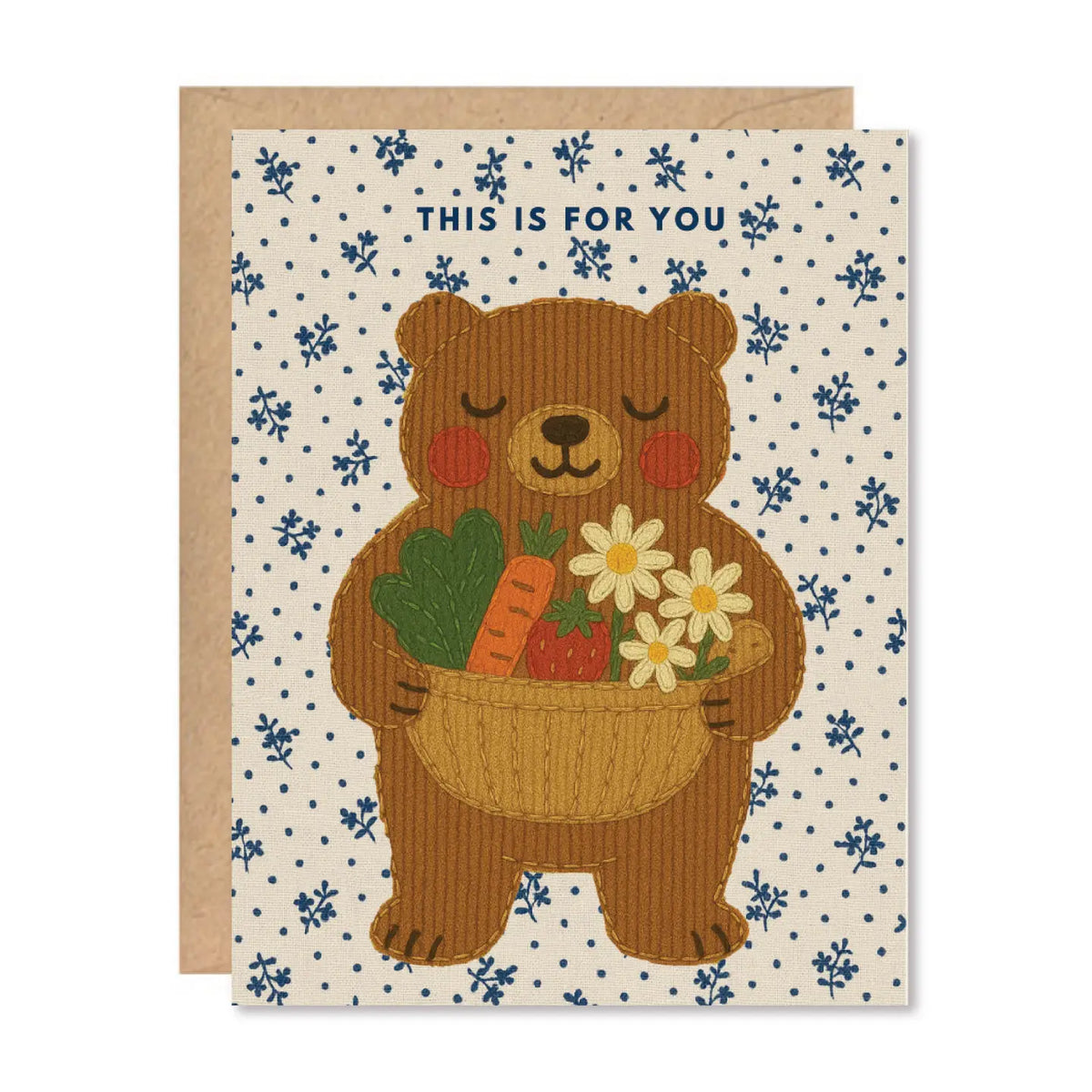 Greeting card with a sewing illustration of bear holding flowers and vegetables on a patterned background, with text "this is for you"