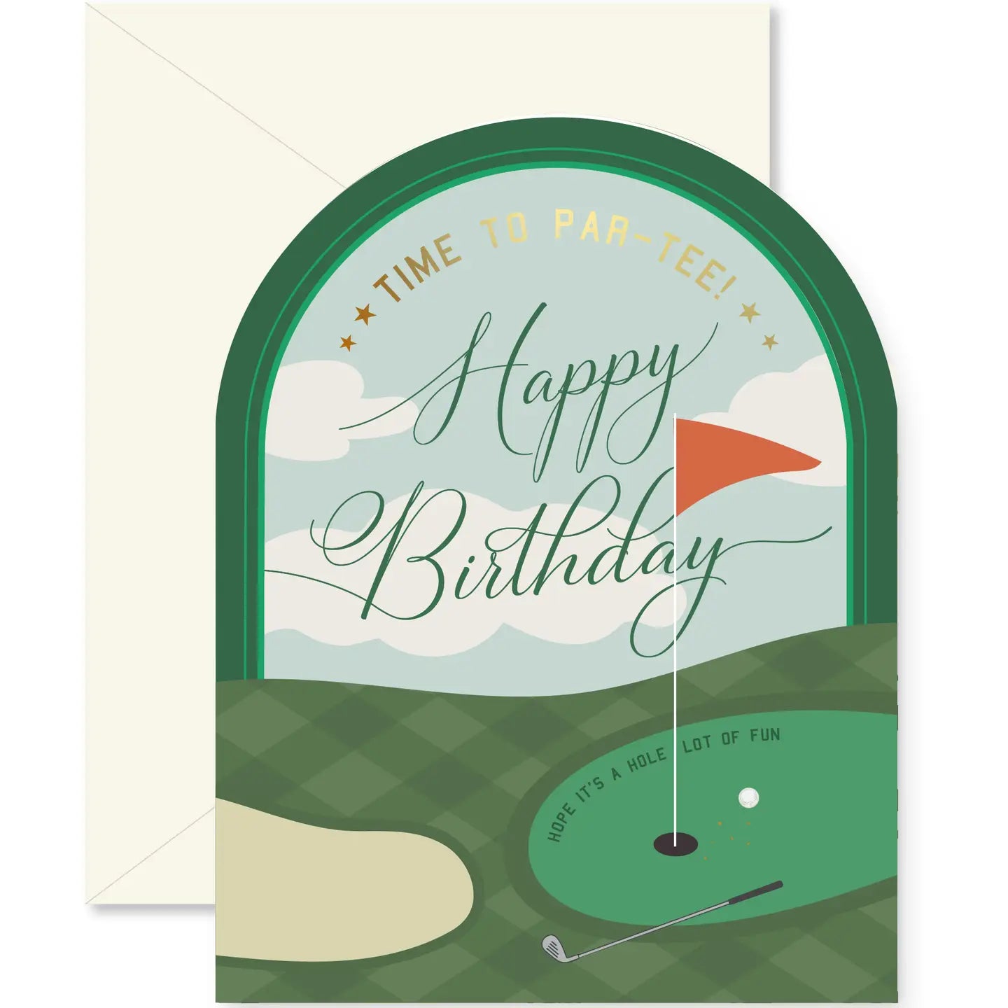 Greeting card with golf-themed design and 'Happy Birthday' text.