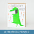 neon green dinosaur with tiny arms and text that says "tiny birthday hugs"