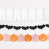 Halloween-themed decorative banner with pumpkins, bats, and candles on a white background