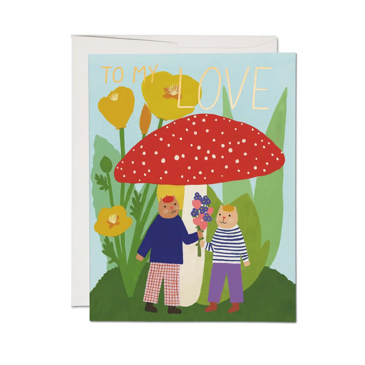 A greeting card with an illustration of two people standing under a red mushroom with the text 'To My Love' and various flowers around them.