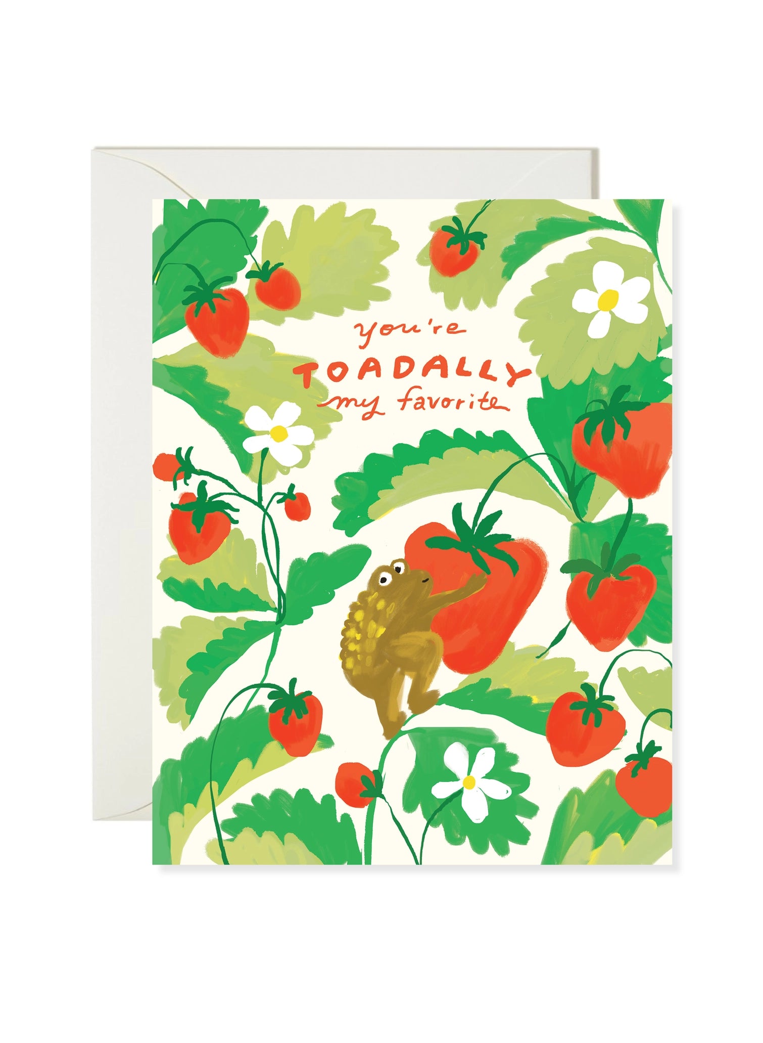 Greeting card with strawberry pattern and toad illustration on a white background