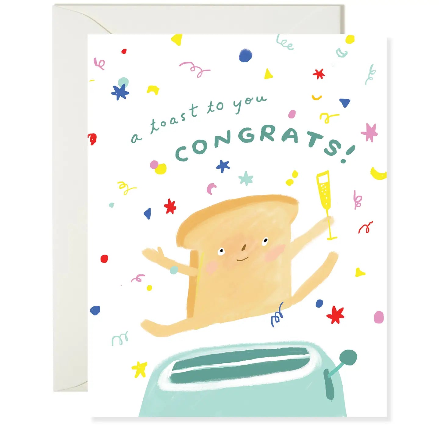 A congratulatory greeting card with an illustration of a cheerful toast character celebrating, surrounded by multicolored confetti and stars, on a white background.