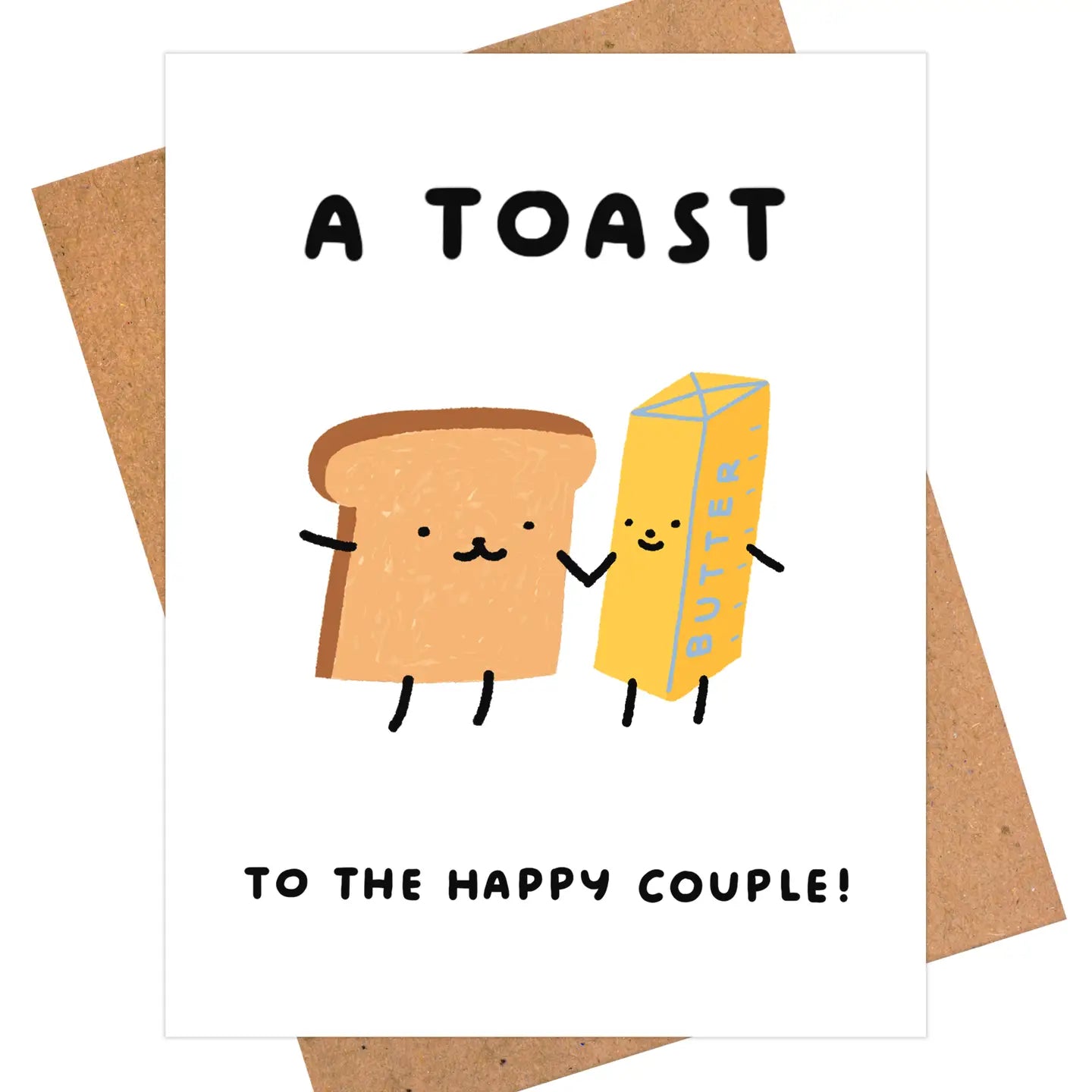 Card with cartoon toast and butter character holding hands and text 'A Toast to the Happy Couple' on a white background.