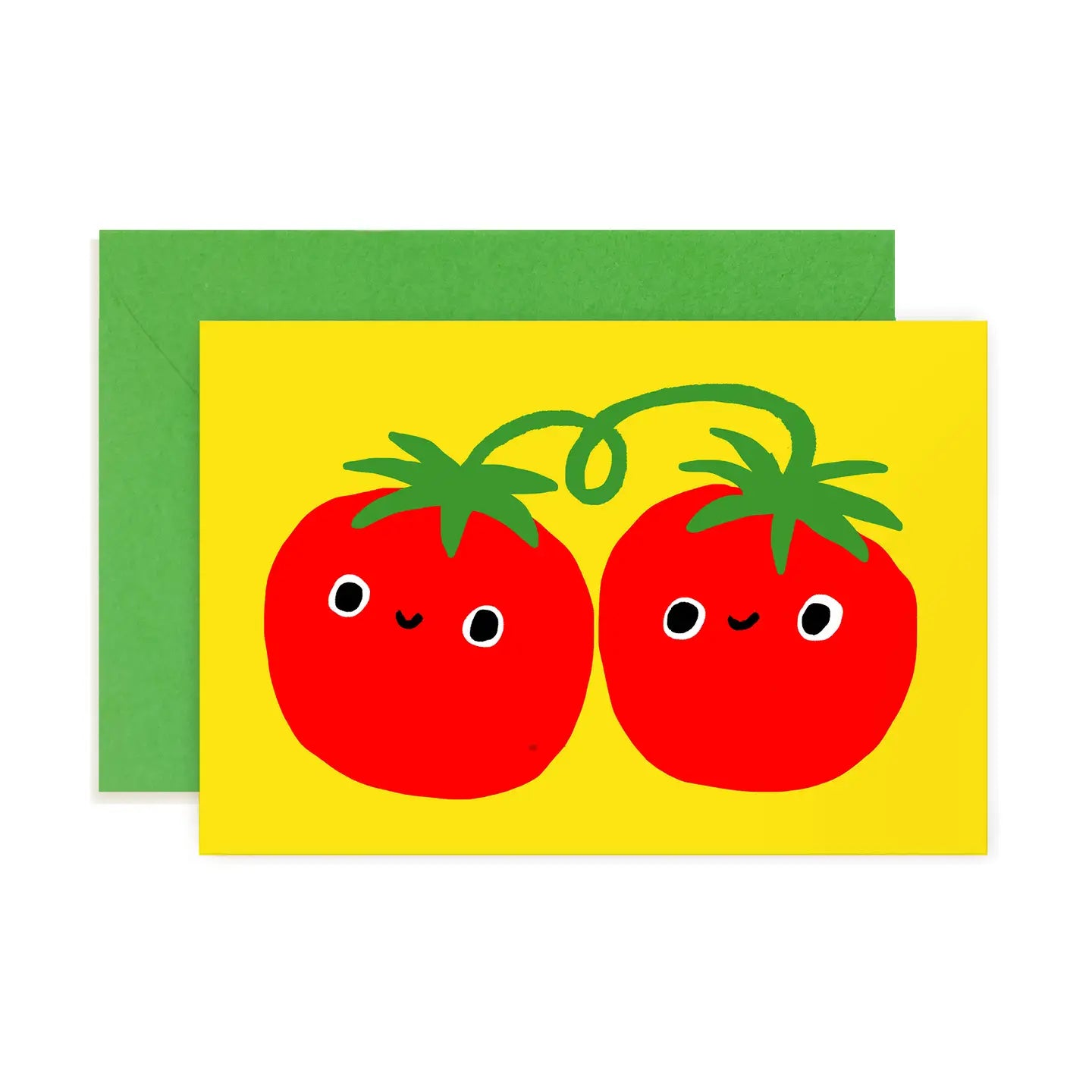 note card featuring two smiling tomatoes on yellow background with green envelope