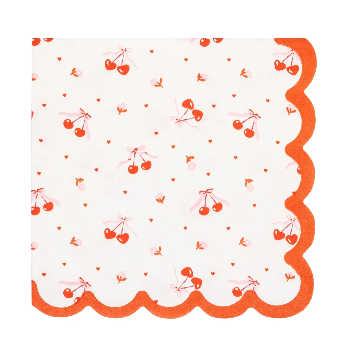 Decorative paper napkin with red cherries with bows and scalloped edge on a white background