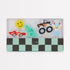 A set of five novelty birthday candles with wooden sticks, designed in the shapes of a car, monster truck, dinosaur, robot, and a smiley face, displayed in a checkered box.