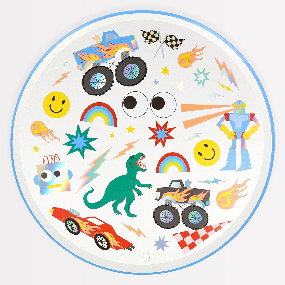 round plate with toybox icons and flames and stars, on white background