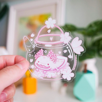 Transparent Cherry Blossom Axolotl Tea Sticker