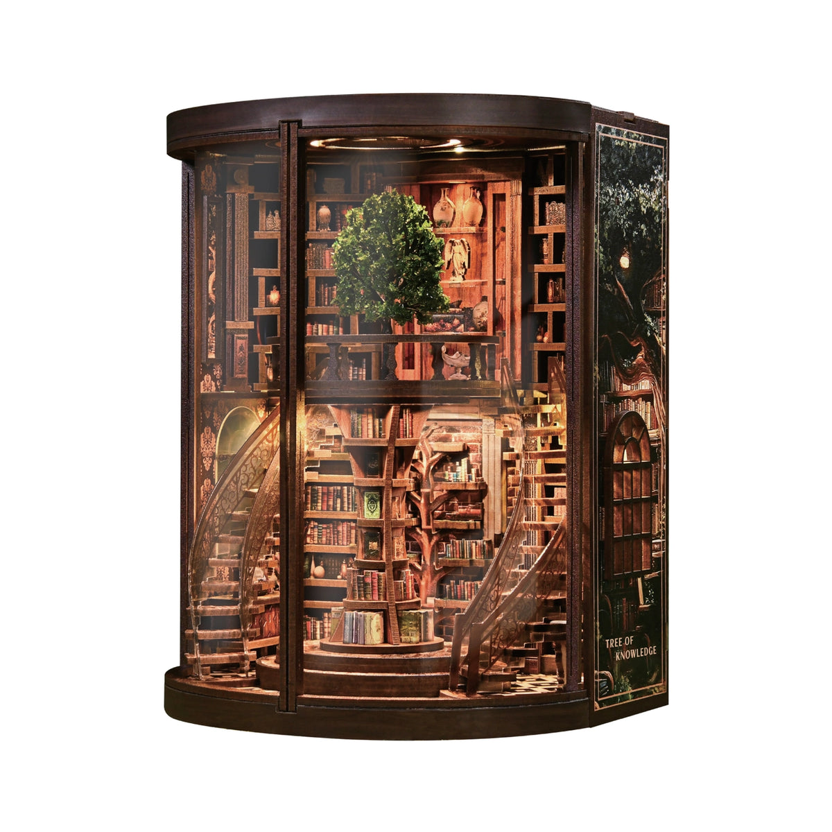 miniature dollhouse of two story library with staircases, on white background