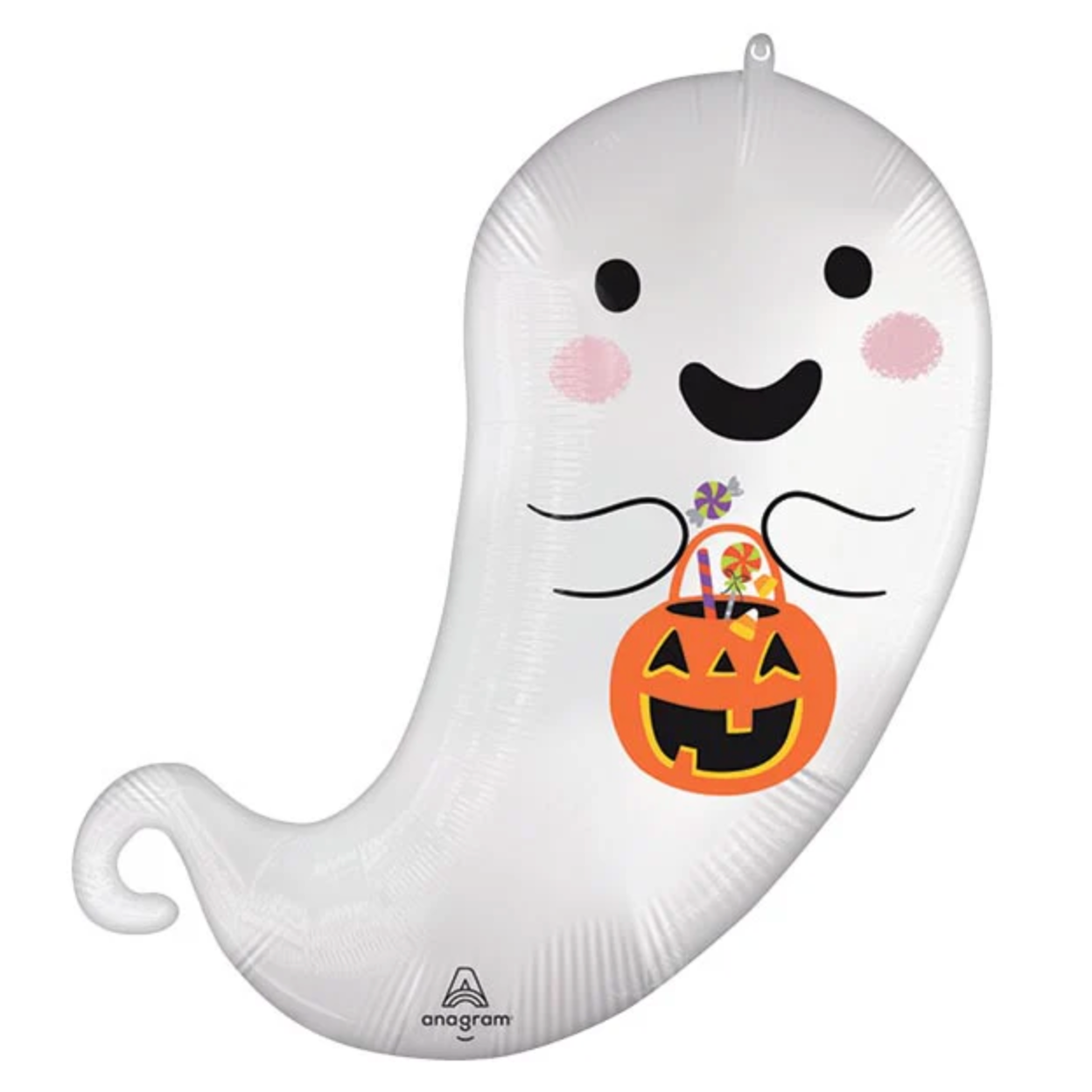 Halloween-themed balloon shaped like a ghost with a pumpkin basket on a white background