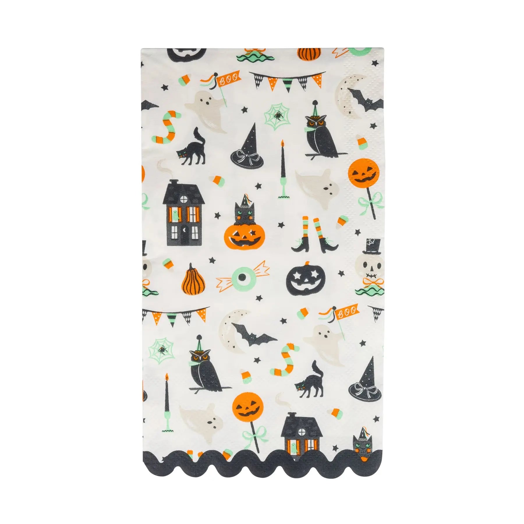 A Halloween-themed napkin with a scalloped black border at the bottom. The white background is covered in a playful pattern of jack-o'-lanterns, ghosts, cats, witch hats, bats, candy corn, and bunting.
