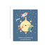 A greeting card with an illustration of a sun character with a party hat and a rocket in the background. The text on the card reads 'cheers to another trip around the sun!'.