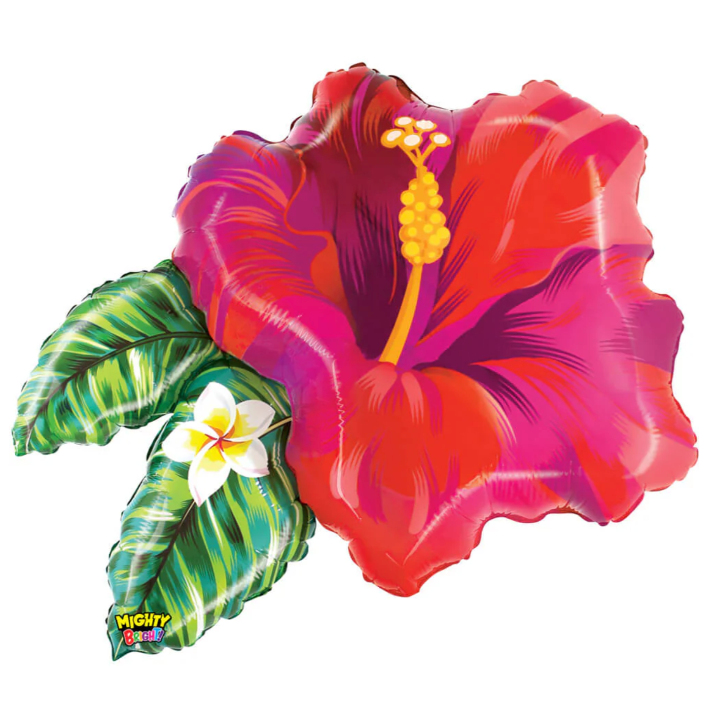 Colorful hibiscus balloon with green leaves and a white flower on a white background