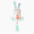 A colorful balloon shaped like a bunny with a basket and flowers, predominantly white and blue with orange accents.