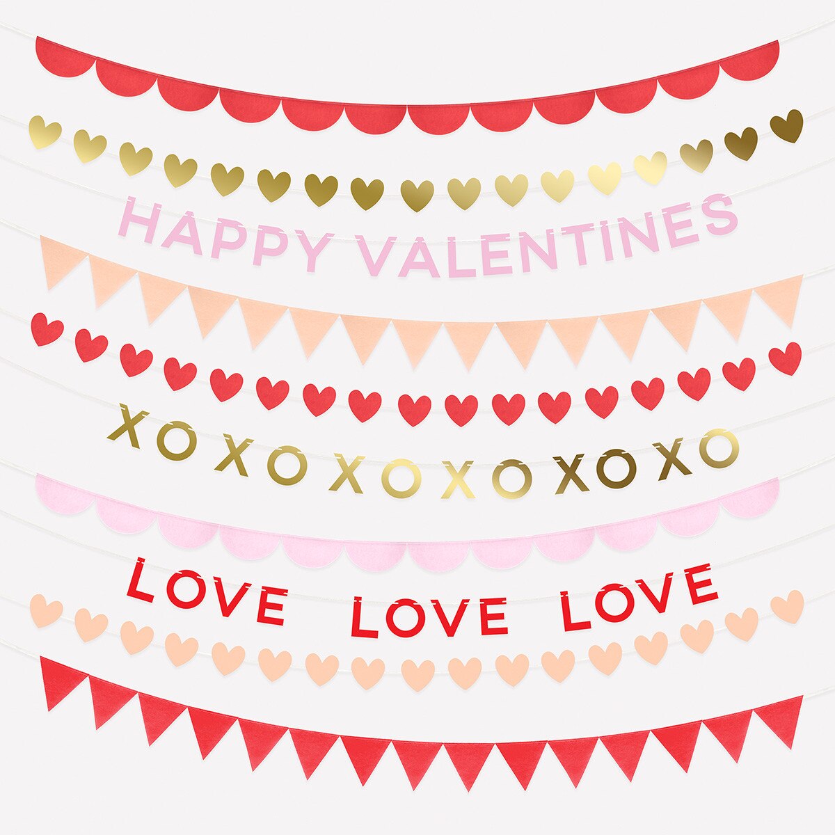 strands of valentine's themed garlands and text on white background, with words such as love, xoxo, and happy valentines