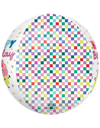 Colorful checkered balloon with 'Happy Play' text on side, with a white background