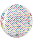 Colorful checkered balloon with 'Happy Play' text on side, with a white background