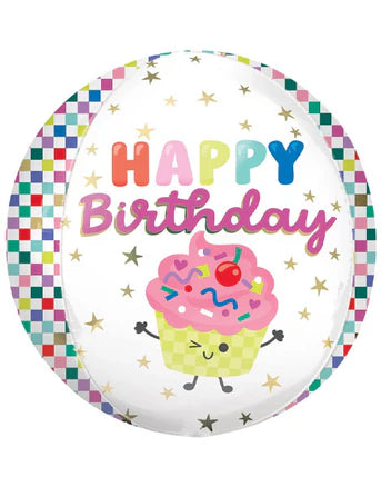 Colorful balloon with 'Happy Birthday' text and a cartoon cupcake on a white background