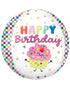 Colorful balloon with 'Happy Birthday' text and a cartoon cupcake on a white background